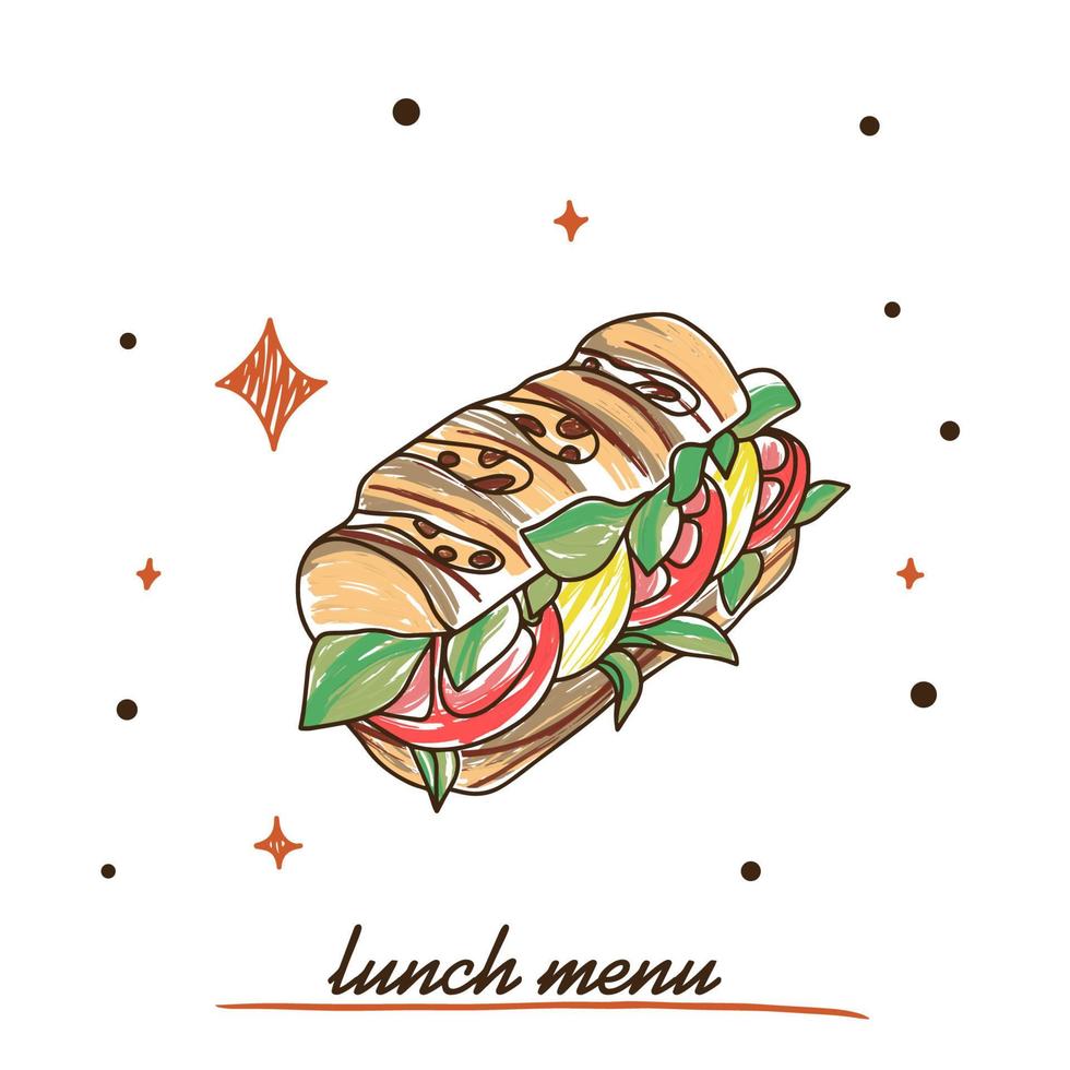 Baguette with delicious cheese and tomatoes, lunch menu vector