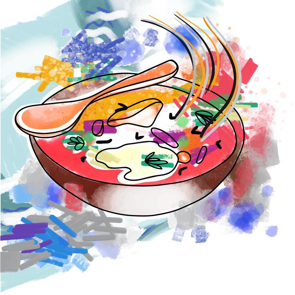 ilustración con pinceladas húmedas, borscht delicioso y brillante vector