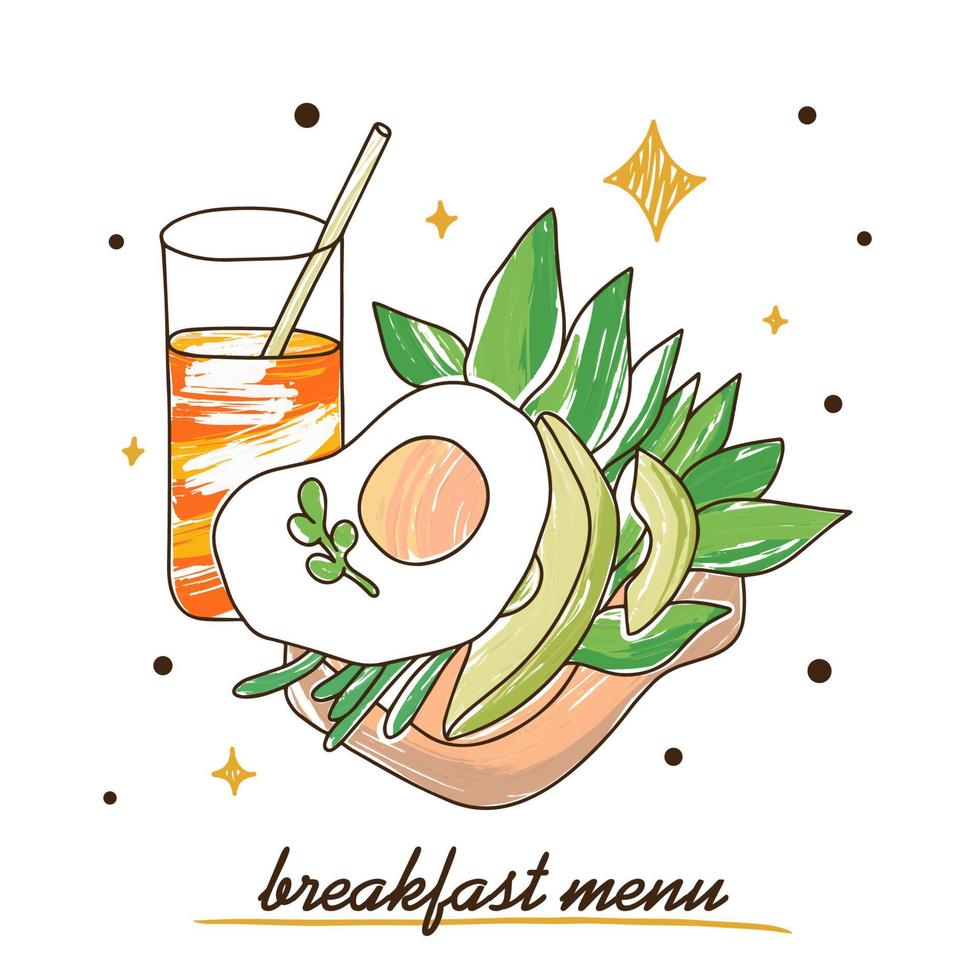 Avocado and egg sandwich decorated with herbs, breakfast menu vector