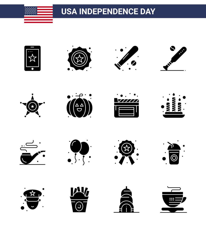 conjunto moderno de 16 glifos y símbolos sólidos en el día de la independencia de EE. UU., como elementos de diseño vectorial editables del día de EE. UU. vector