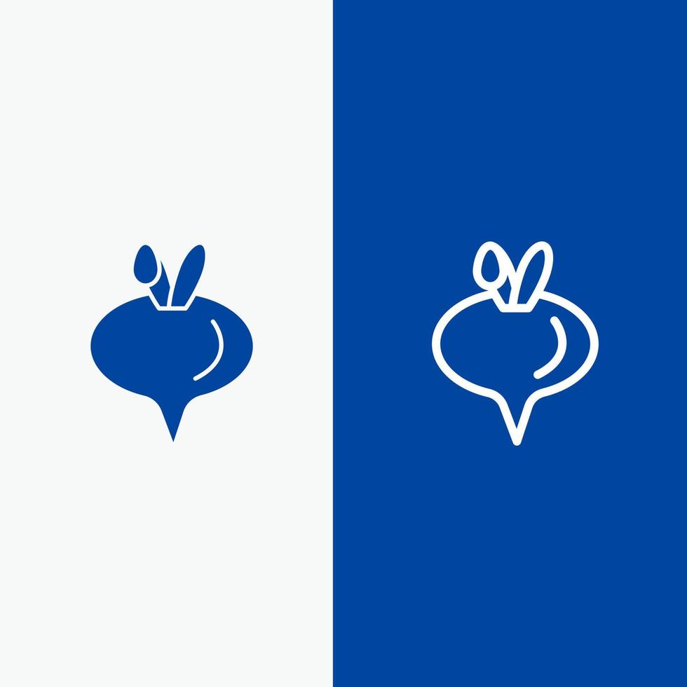 comida nabo línea vegetal y glifo icono sólido línea de bandera azul y glifo icono sólido bandera azul vector