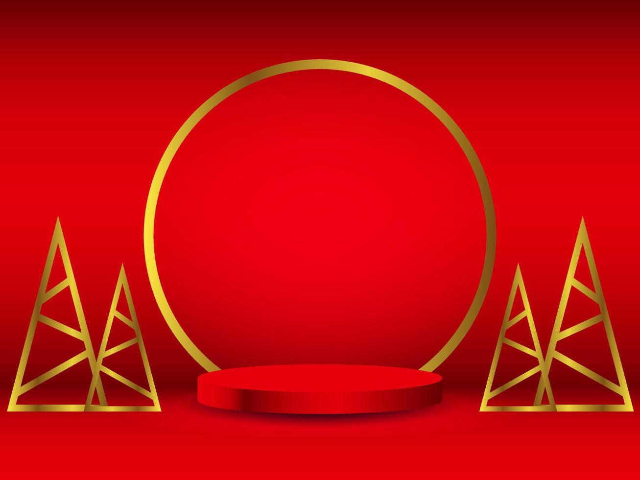 Red realistic 3d cylinder pedestal podium with golden circle and golden triangle christmas tree. Merry christmas scene for Promotion display, Product showcase. Vector abstract studio room