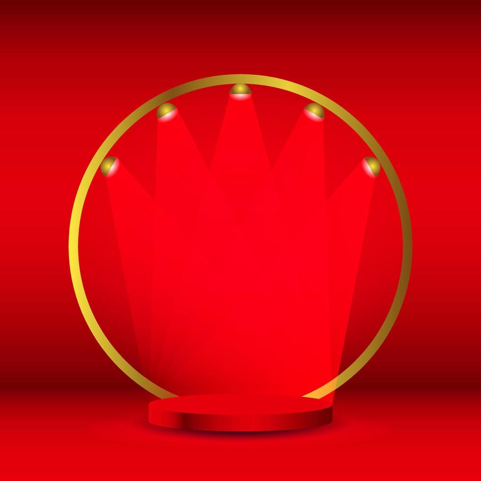 Red realistic 3d cylinder pedestal podium with gold circle and lamps. Vector abstract studio room.