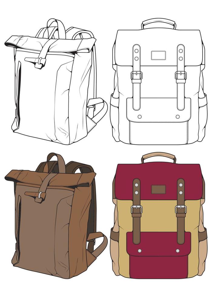 conjunto de ilustraciones de mochilas vectoriales. mochilas para estudiantes, viajeros y turistas. vector