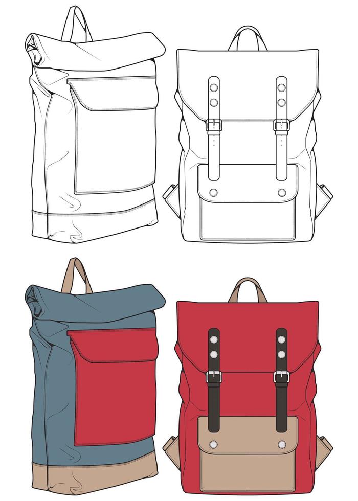 conjunto de ilustraciones de mochilas vectoriales. mochilas para estudiantes, viajeros y turistas. vector