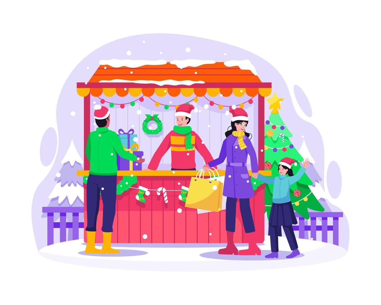 People are shopping for gifts in the Christmas street market shop. Mother with her daughter is shopping. Vector illustration in flat style