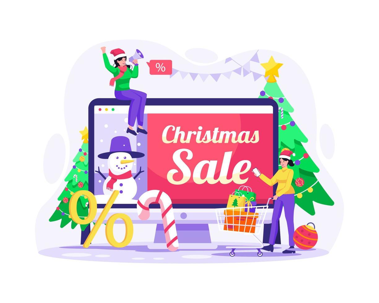 banner de venta de navidad de comercio electrónico y concepto de compras. la gente compra en comercio electrónico en la venta de navidad. ilustración vectorial en estilo plano vector