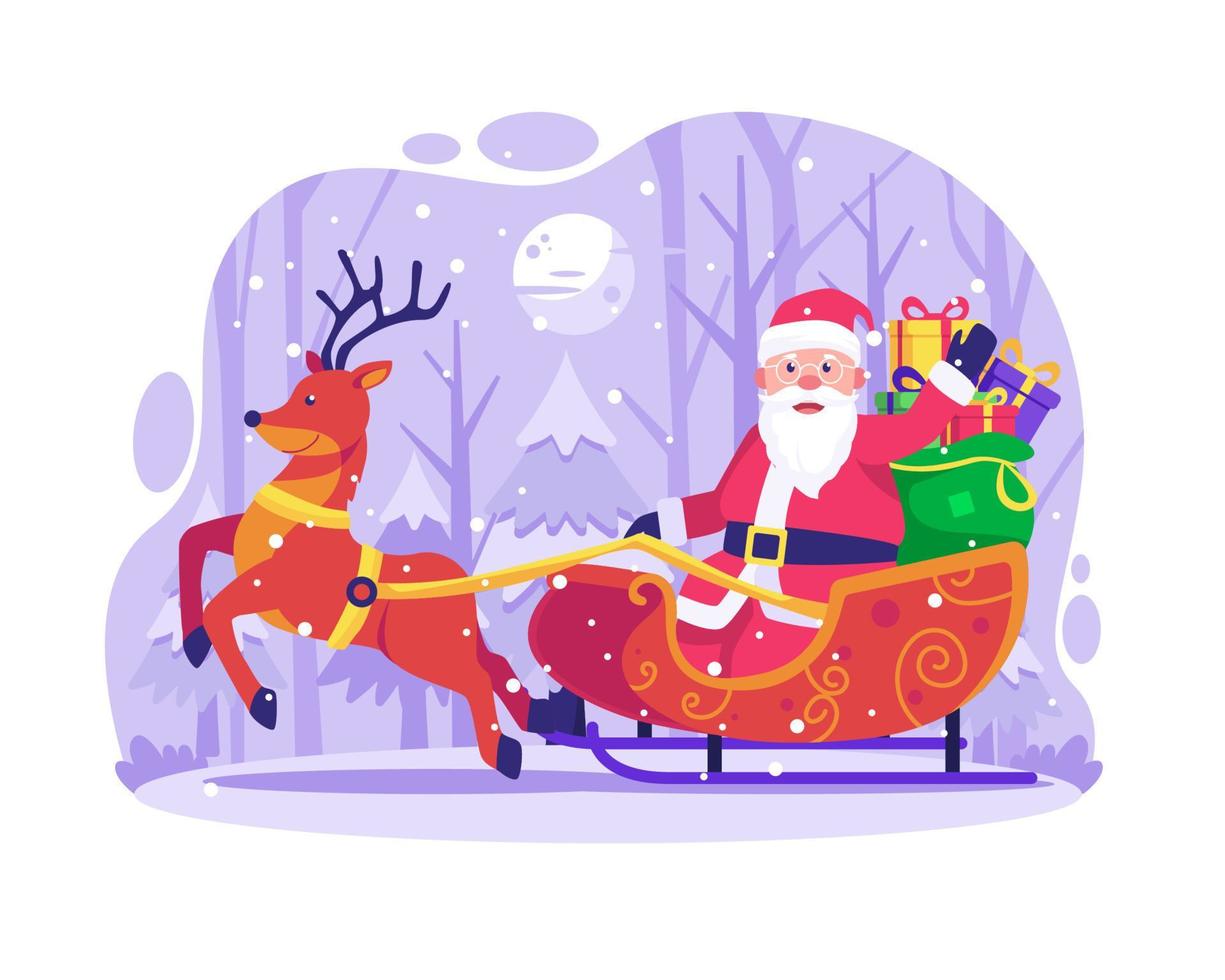 santa claus está montando un trineo con renos para entregar regalos de navidad. felices vacaciones de navidad. ilustración vectorial en estilo plano vector