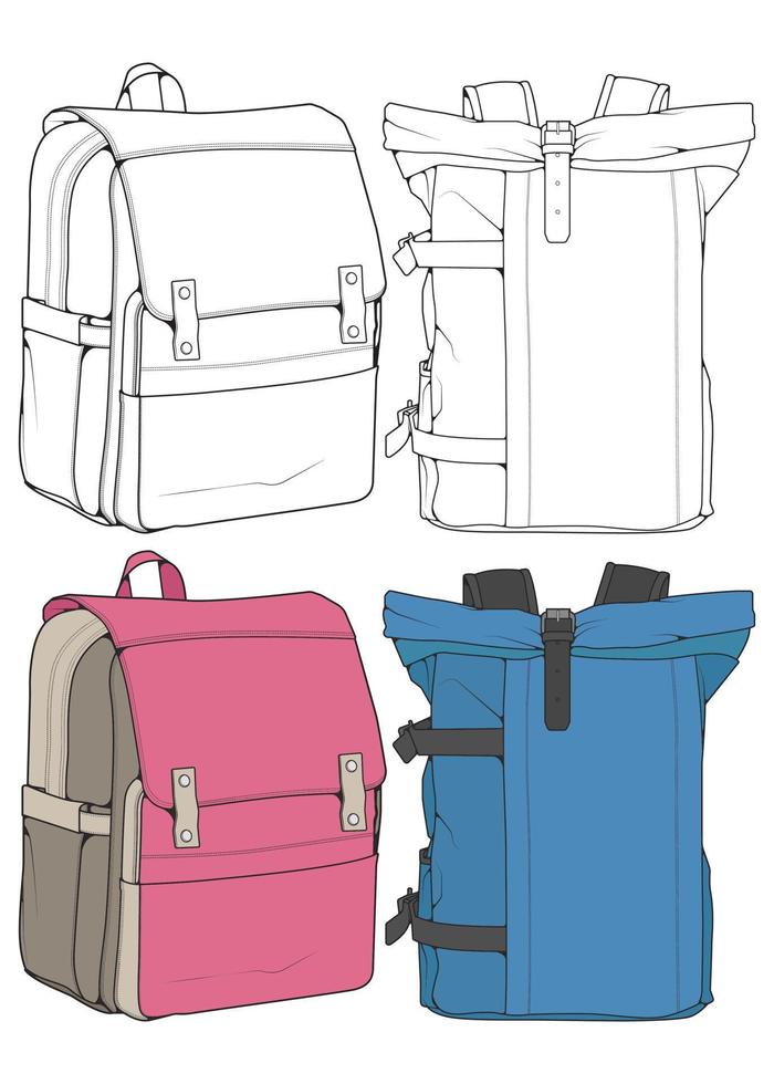 conjunto de ilustraciones de mochilas vectoriales. mochilas para estudiantes, viajeros y turistas. vector