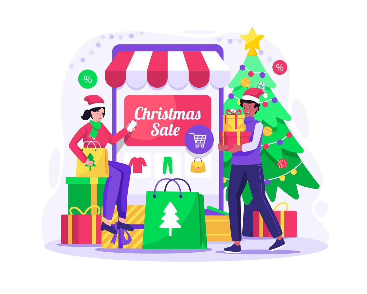 compras en línea y concepto de venta de navidad con personas comprando en la tienda del mercado en línea en un gran teléfono inteligente en la venta de navidad. ilustración vectorial en estilo plano vector