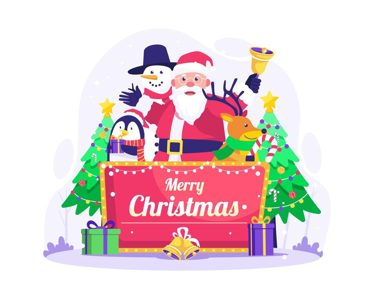 Merry Christmas and Happy new year with Happy Santa Claus, Reindeer, Snowman, Penguin, and Christmas tree decorations. Celebrate Christmas Holiday. Vector illustration in flat style