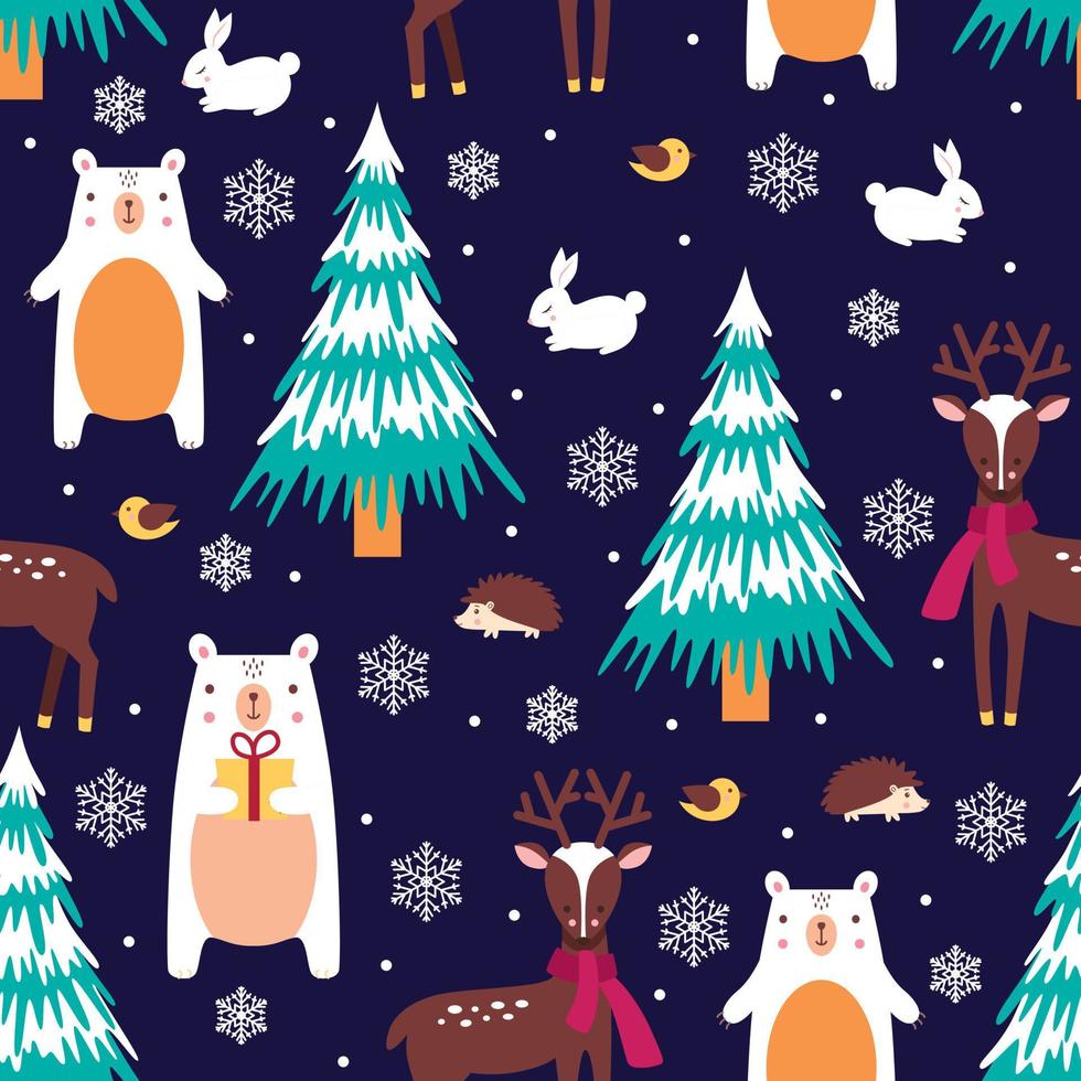 fondo de invierno con animales y árboles de navidad vector