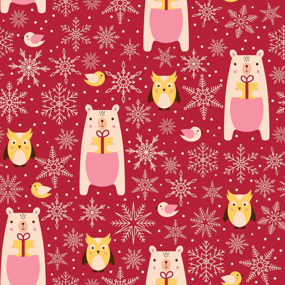 fondo de navidad con osos de peluche, copos de nieve y pájaros vector