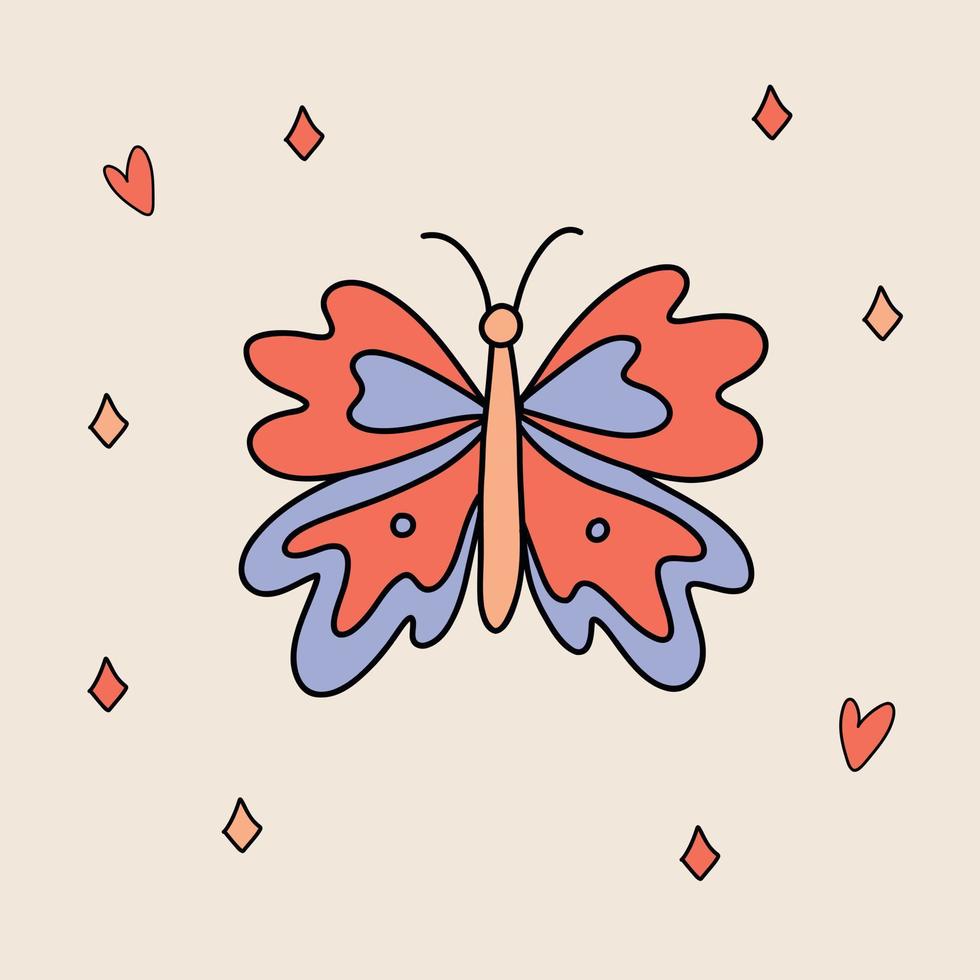 Funny retro Sticker of Groovy Butterfly. Vintage cartoon 60s - 70s psychedelic element. Isolated vector illustration