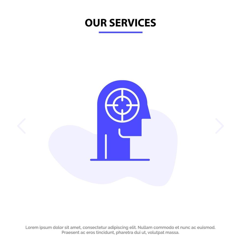 nuestros servicios flecha concentración foco cabeza humano glifo sólido icono plantilla de tarjeta web vector