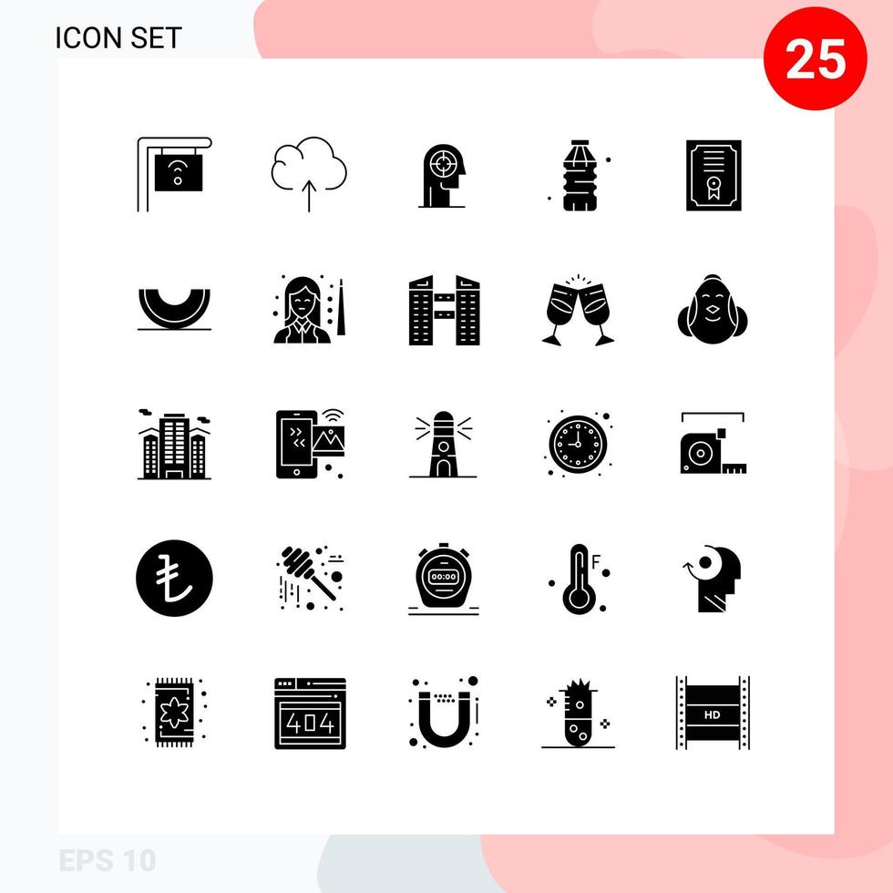 25 Thematic Vector Solid Glyphs and Editable Symbols of diploma certificate focus water drink Editable Vector Design Elements