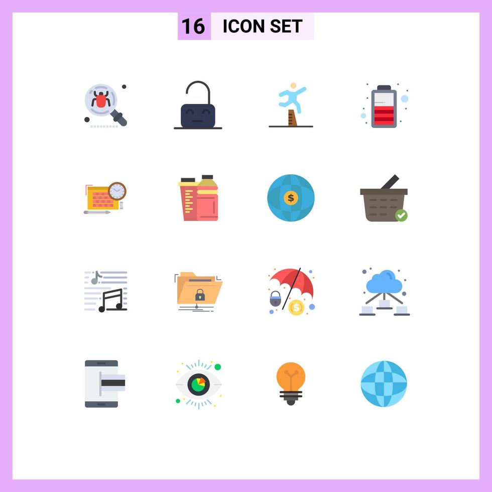 Set of 16 Modern UI Icons Symbols Signs for time charge unlock battery running Editable Pack of Creative Vector Design Elements