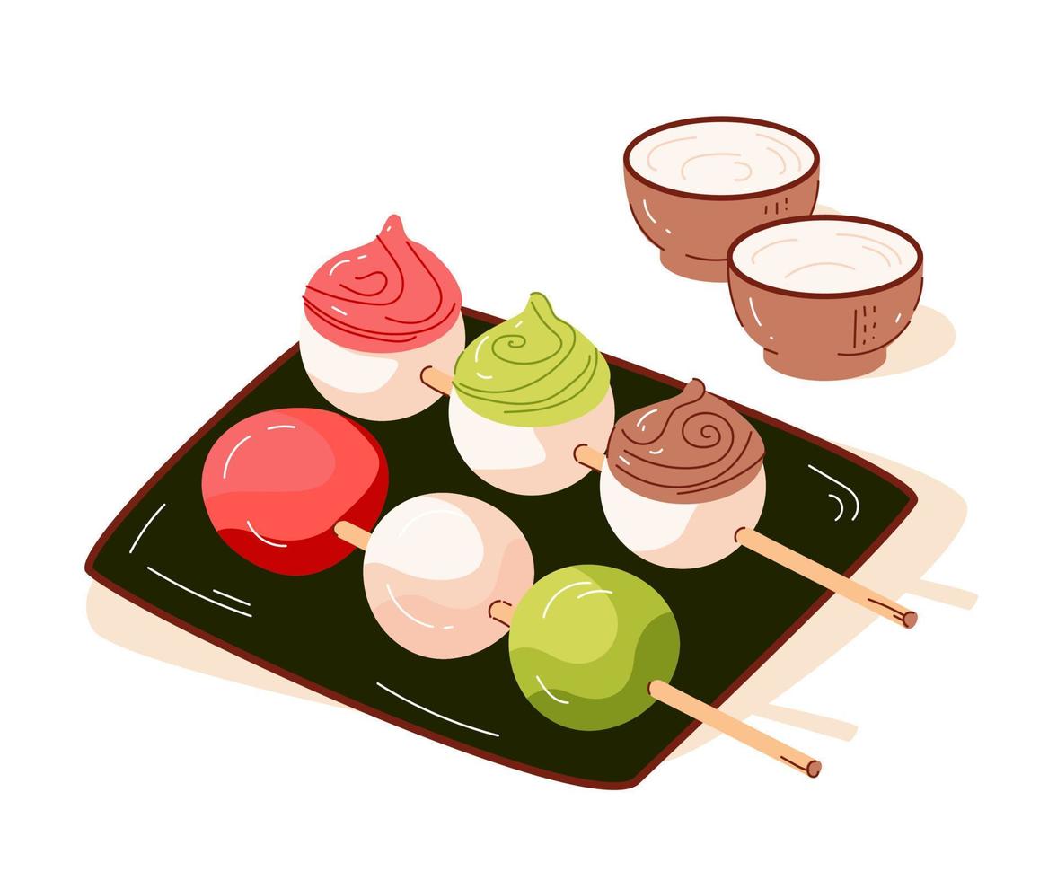 Dango, japanese rice dumplings. Japanese dessert for the new year. Vector illustration