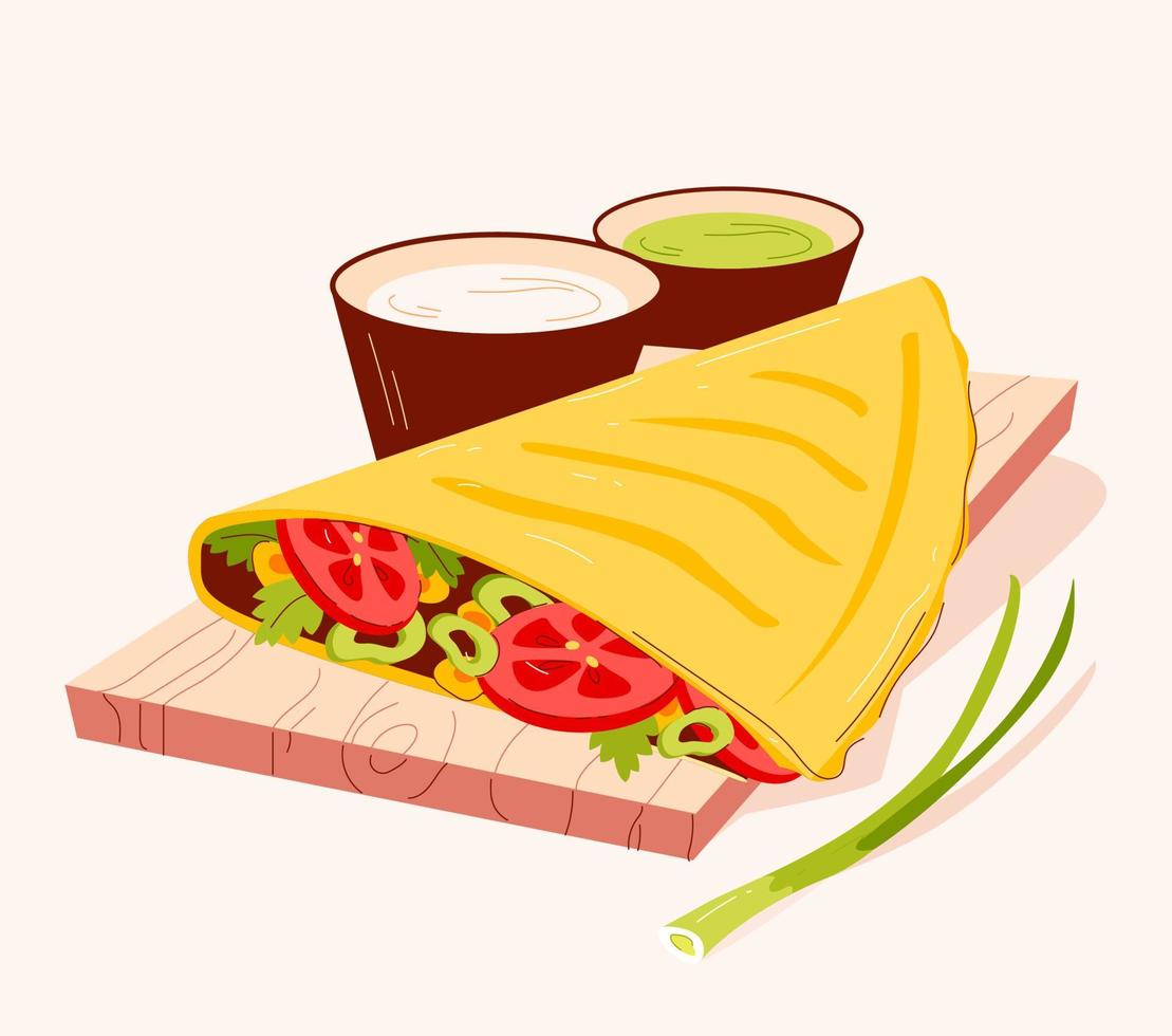 Quesadilla, a dish of Mexican cuisine. Wheat or corn tortilla with cheese. Vector illustration