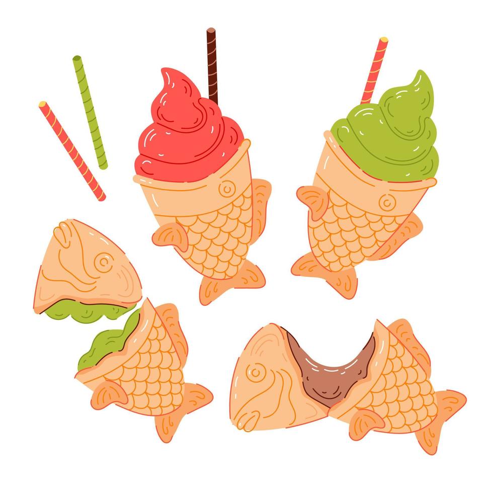 Taiyaki, Japanese cookies in the shape of a fish. Vector illustration