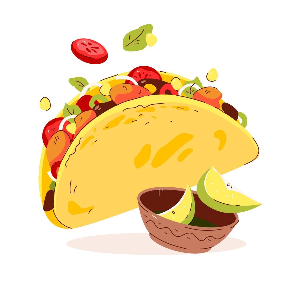 taco, un plato tradicional de la cocina mexicana. tortilla de maíz o trigo con variedad de rellenos. ilustración vectorial vector