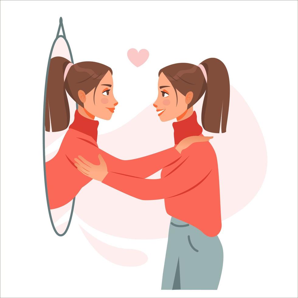 Self love concept. The girl hugs her reflection in the mirror. Mental health. Cartoon vector illustration