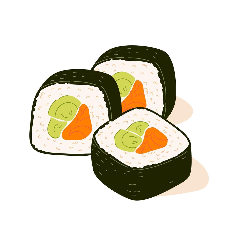 Futomaki, a large roll, rice with stuffing wrapped in nori. A dish of Asian cuisine. Vector illustration.