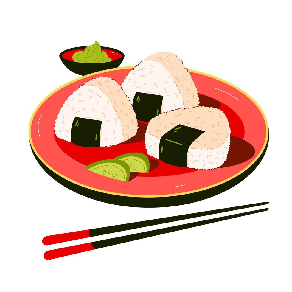 Onigiri, a Japanese dish made of rice and nori. Vector illustration