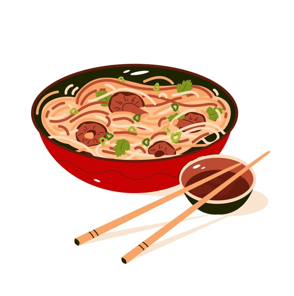 Funchoza noodles, glass chinese noodles. A dish of Asian cuisine. vector illustration.