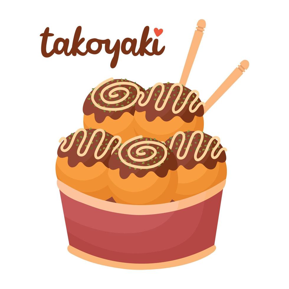 Doodle flat clipart. Cute takoyaki, Asian street food. All objects are repainted. vector