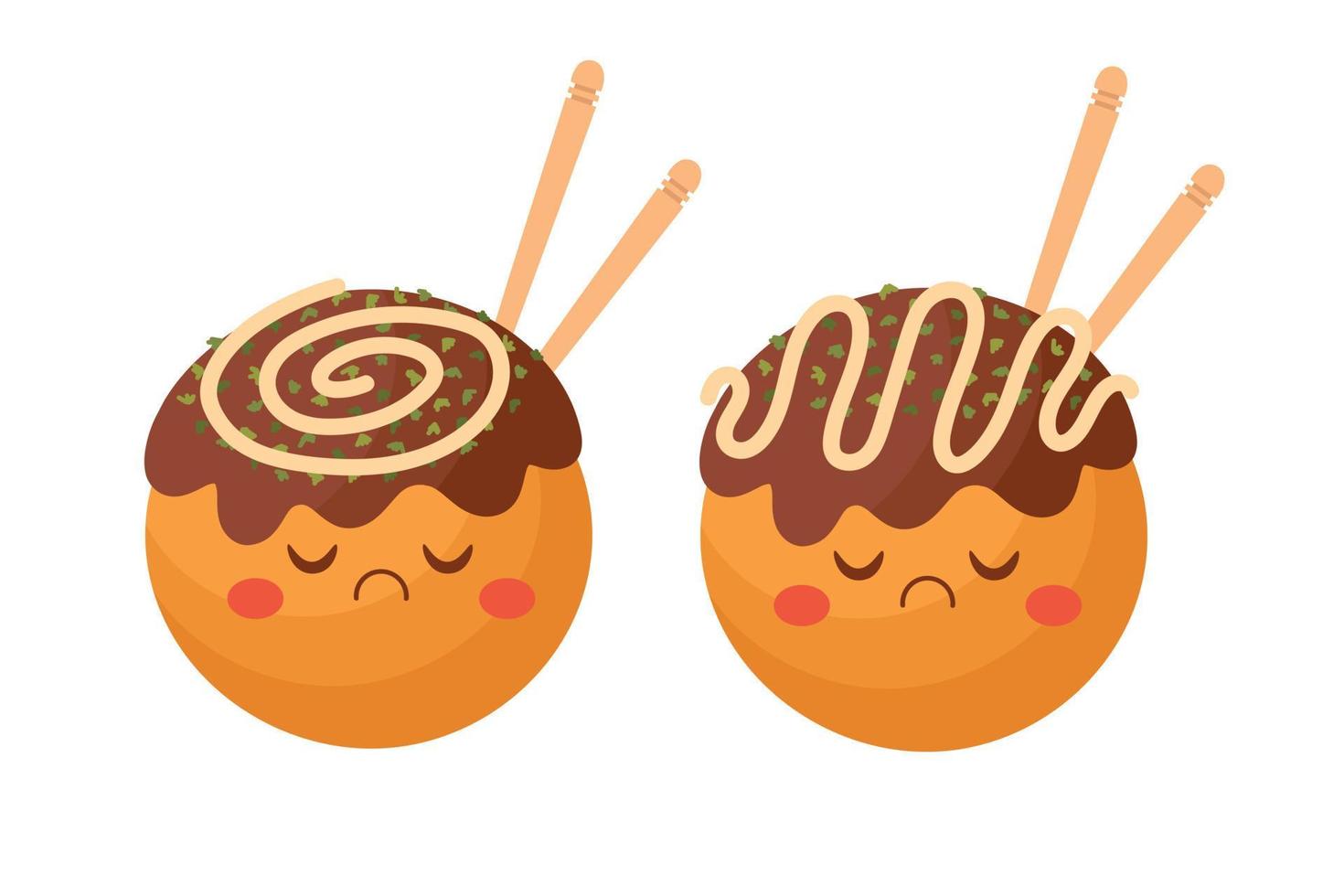 Doodle flat clipart. Cute takoyaki, Asian street food. All objects are repainted. vector