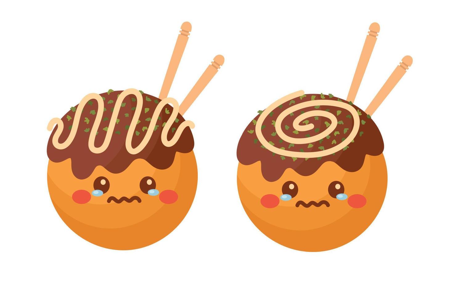 Doodle flat clipart. Cute takoyaki, Asian street food. All objects are repainted. vector