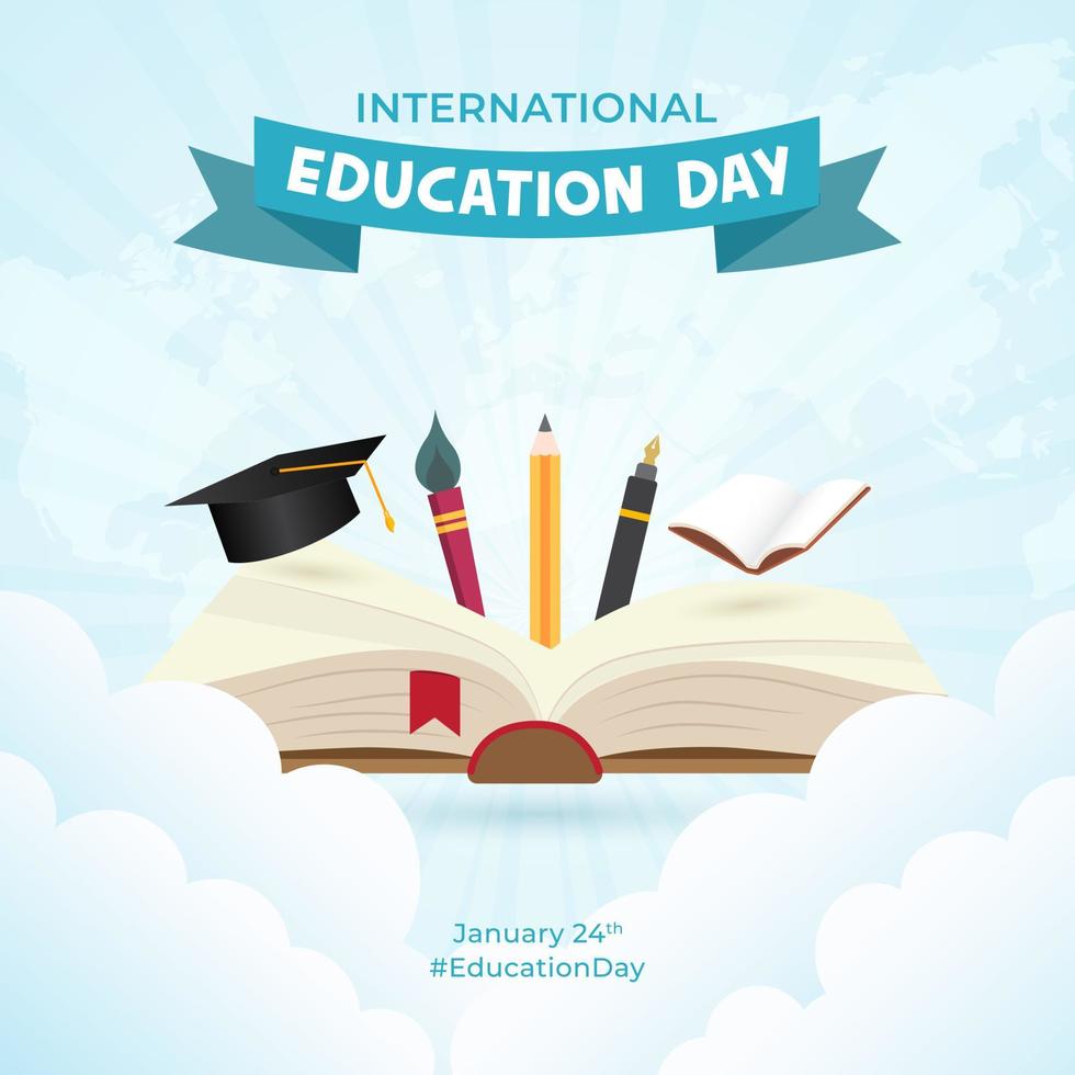 International Education Day January 24th with opened book illustration on map and sunburst background vector