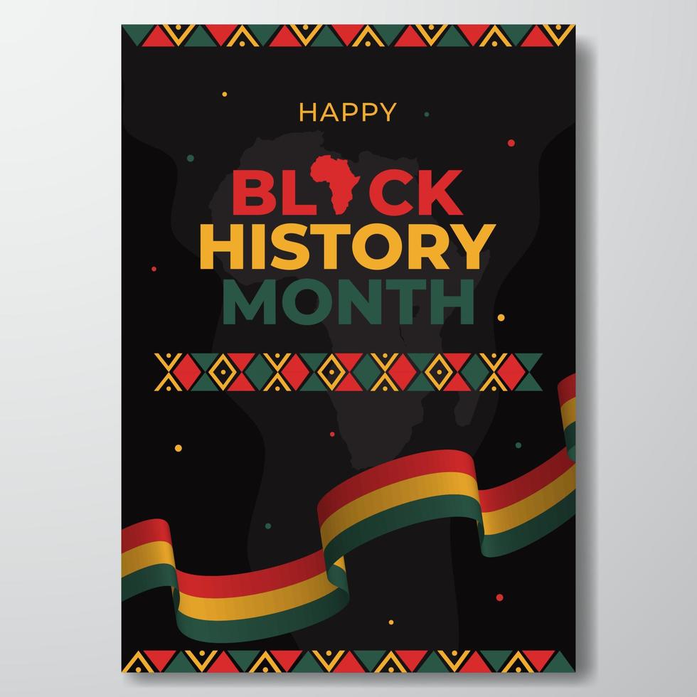 cartel del mes de la historia negra con mapa de bandera de cinta e ilustración de patrón africano sobre fondo aislado vector