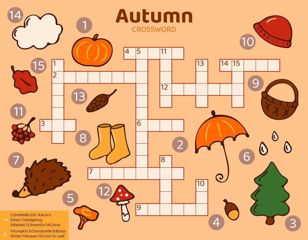 Vector fall season Crossword puzzle with answers for kids. Crossword in English with autumn objects for children. Educational activity.