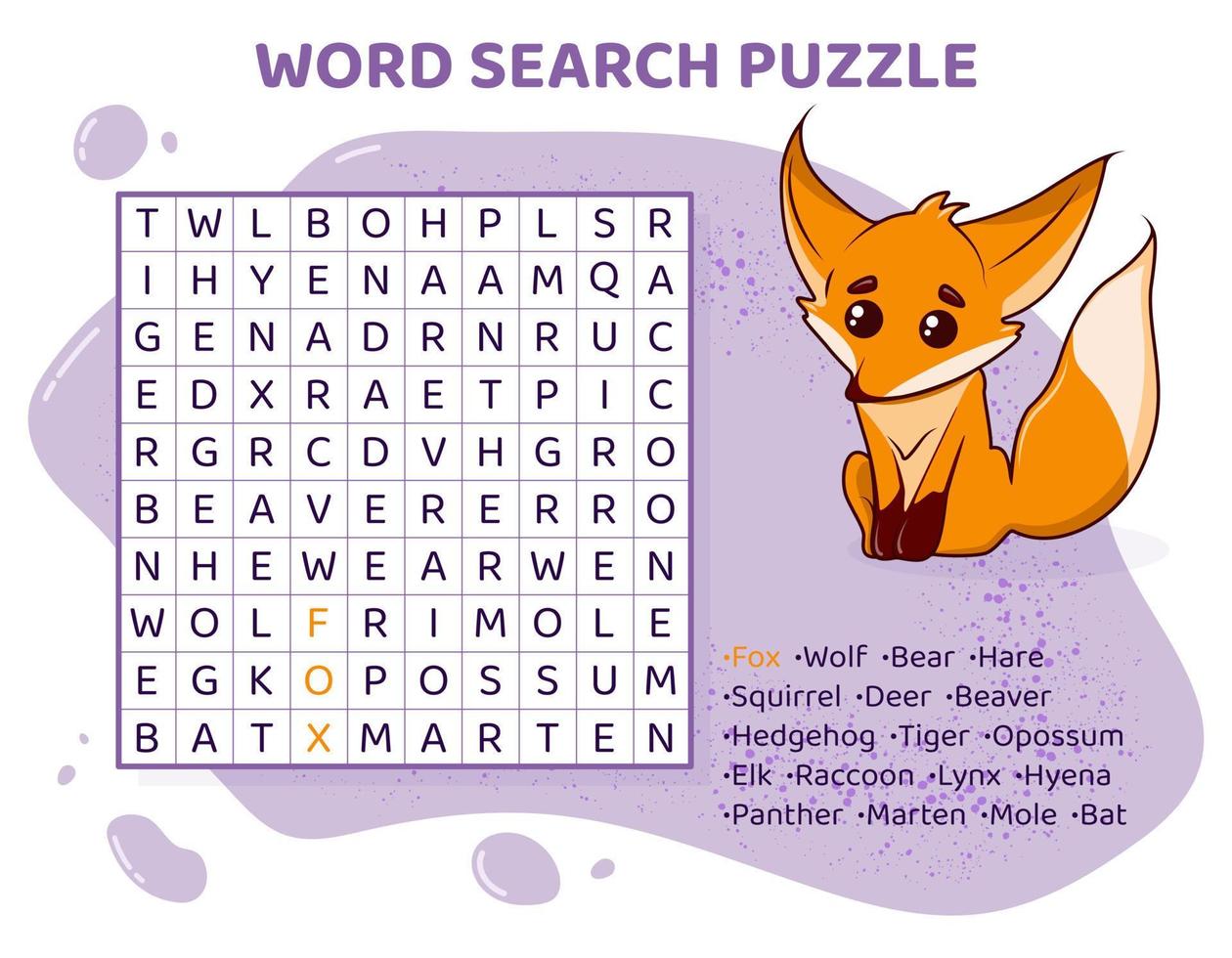 Word search puzzle with wild animals. Education game for children. Learning English language. Cartoon spelling puzzle. Test for kids Crossword book. Vector illustration.