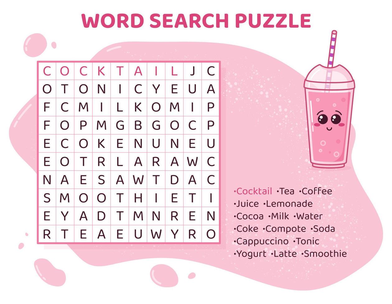 Word search puzzle with various drinks. Education game for children. Learning English language. Cartoon spelling puzzle. Test for kids Crossword book. Vector illustration.