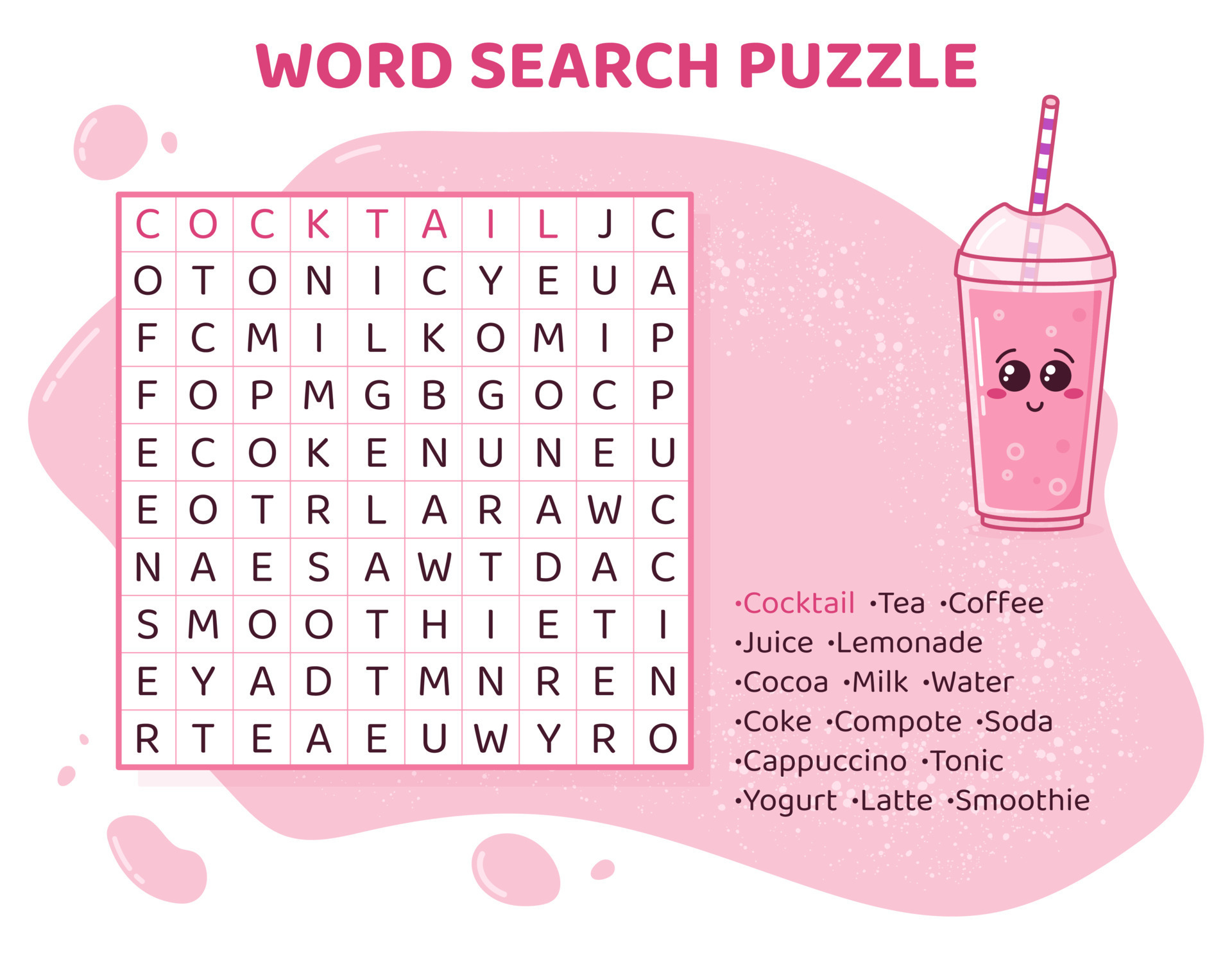 Word Search Puzzle With Various Drinks Education Game For Children 