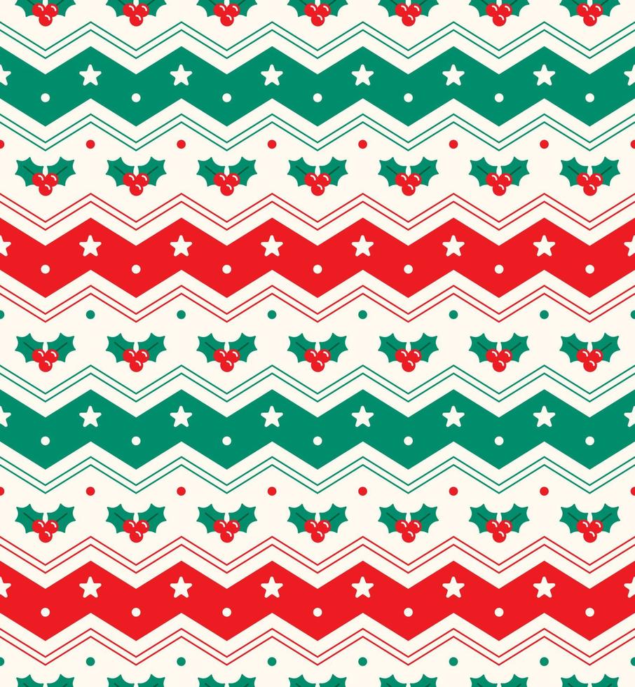 Cute Merry Christmas Tree Red Green Holly Snowflake Horizontal Zig Zag Line Chevron Stripe Striped Checkered Plaid Tartan Buffalo Scott Gingham Background Seamless Pattern for Christmas Party vector