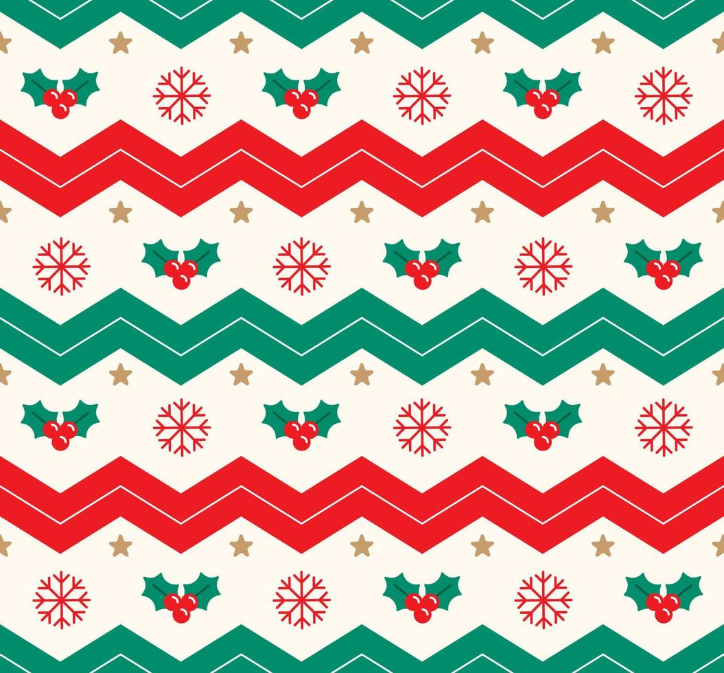 Cute Merry Christmas Tree Red Green Holly Snowflake Horizontal Zig Zag Line Chevron Stripe Striped Checkered Plaid Tartan Buffalo Scott Gingham Background Seamless Pattern for Christmas Party vector