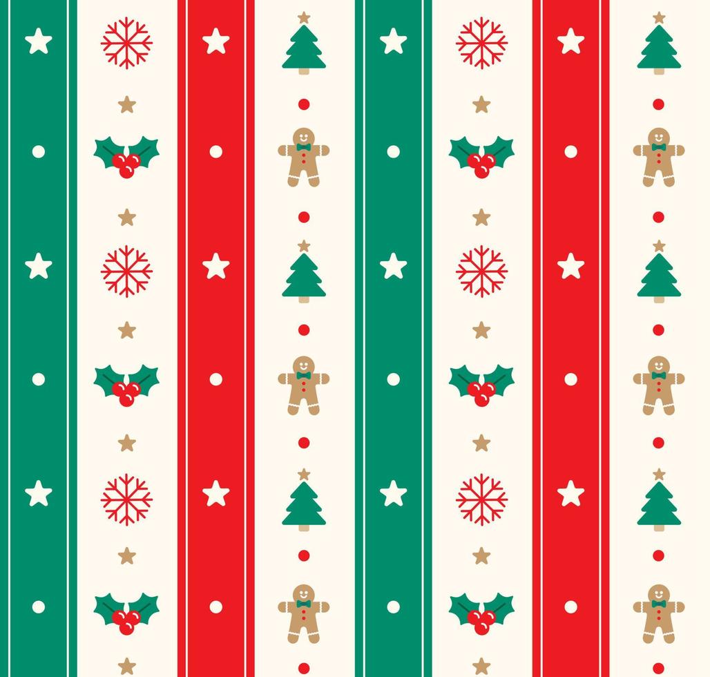 Cute Merry Christmas Tree Red Green Holly Candy Cane Gingerbread Wreath Snowflake Man Vertical Line Stripe Striped Plaid Tartan Buffalo Scott Gingham Background Seamless Pattern vector
