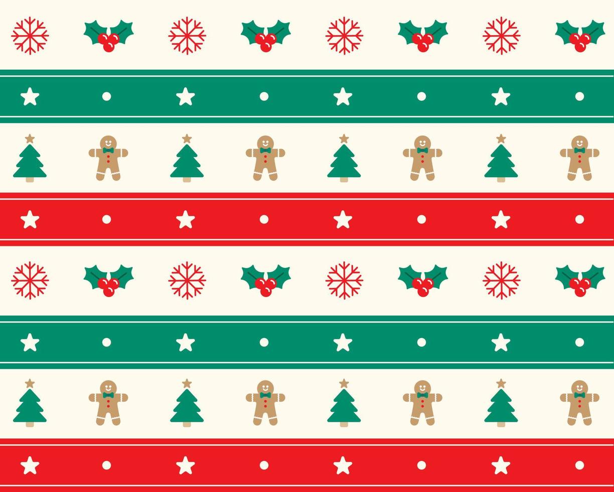 Cute Merry Christmas Tree Red Green Holly Candy Cane Gingerbread Wreath Snowflake Man Horizontal Line Stripe Striped Plaid Tartan Buffalo Scott Gingham Background Seamless Pattern vector