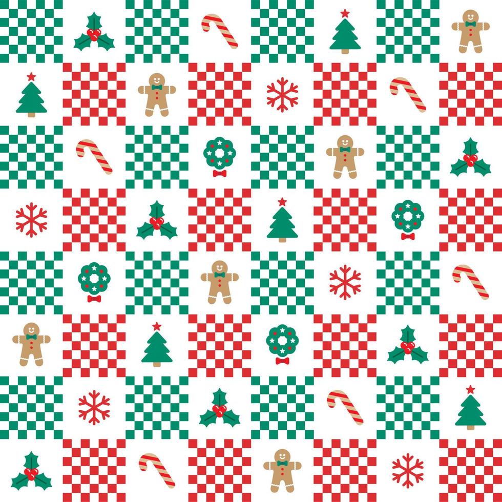 Cute Merry Christmas Tree Red Green Holly Candy Cane Gingerbread Wreath Snowflake Stripe Striped Mini Check Checkered Plaid Tartan Buffalo Scott Gingham Background Seamless Pattern vector