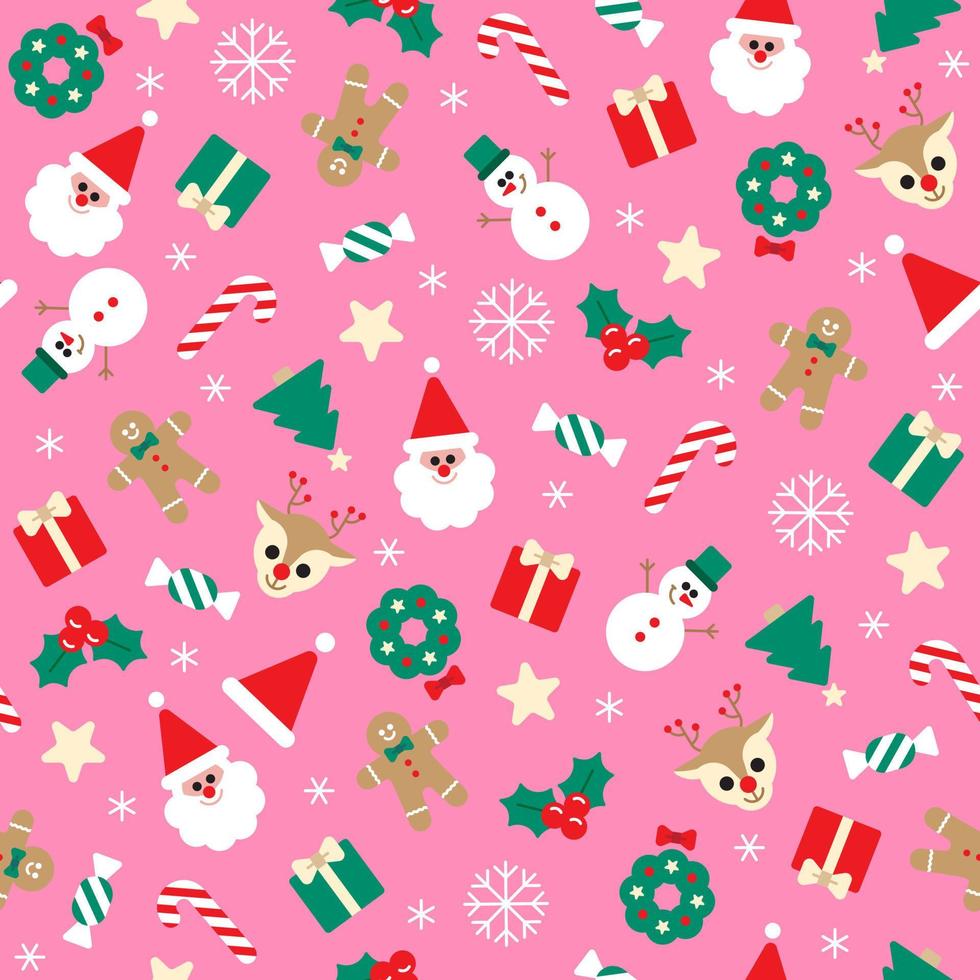 Cute Merry Christmas Holly Star Present Gift Box Snowflake Gingerbread Man Christmas Hat Bell Confetti Element Ditsy Memphis Abstract Colorful Pink Seamless Pattern Background for Christmas Party vector