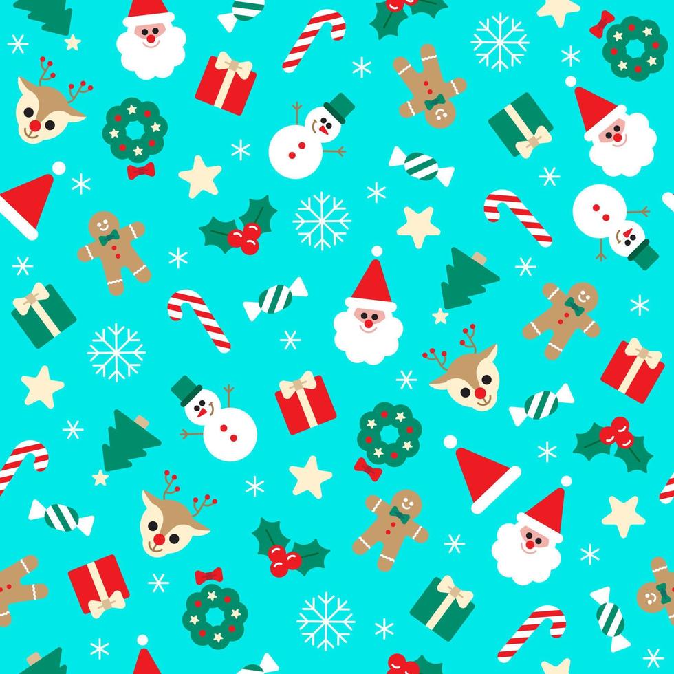 Cute Merry Christmas Santa Claus Holly Present Gift Box Snowflake Gingerbread Man Snowman Bell Confetti Element Ditsy Memphis Abstract Colorful Blue Seamless Pattern Background for Christmas Party vector