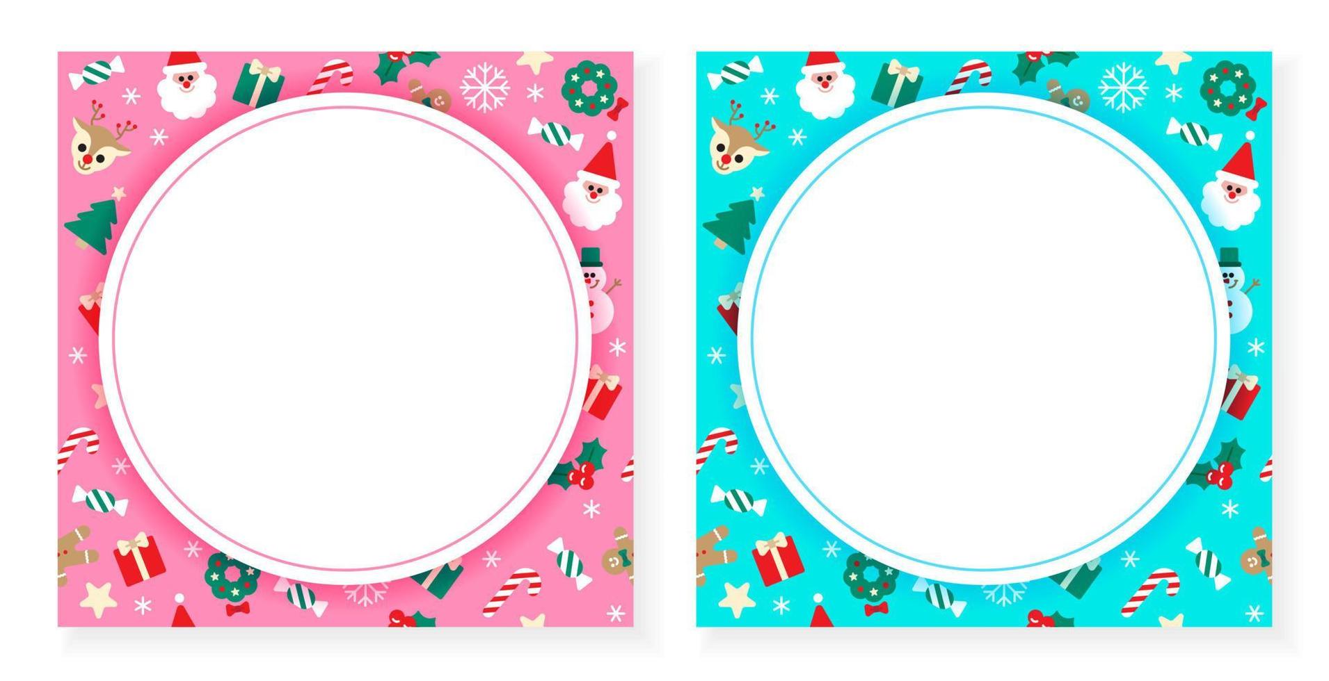 Cute Merry Christmas Santa Claus Holly Present Gift Box Snowflake Gingerbread Man Snowman Bell Confetti Decorative Square Post Card Poster Banner Pink Blue Background Copy Space Circle Template Frame vector