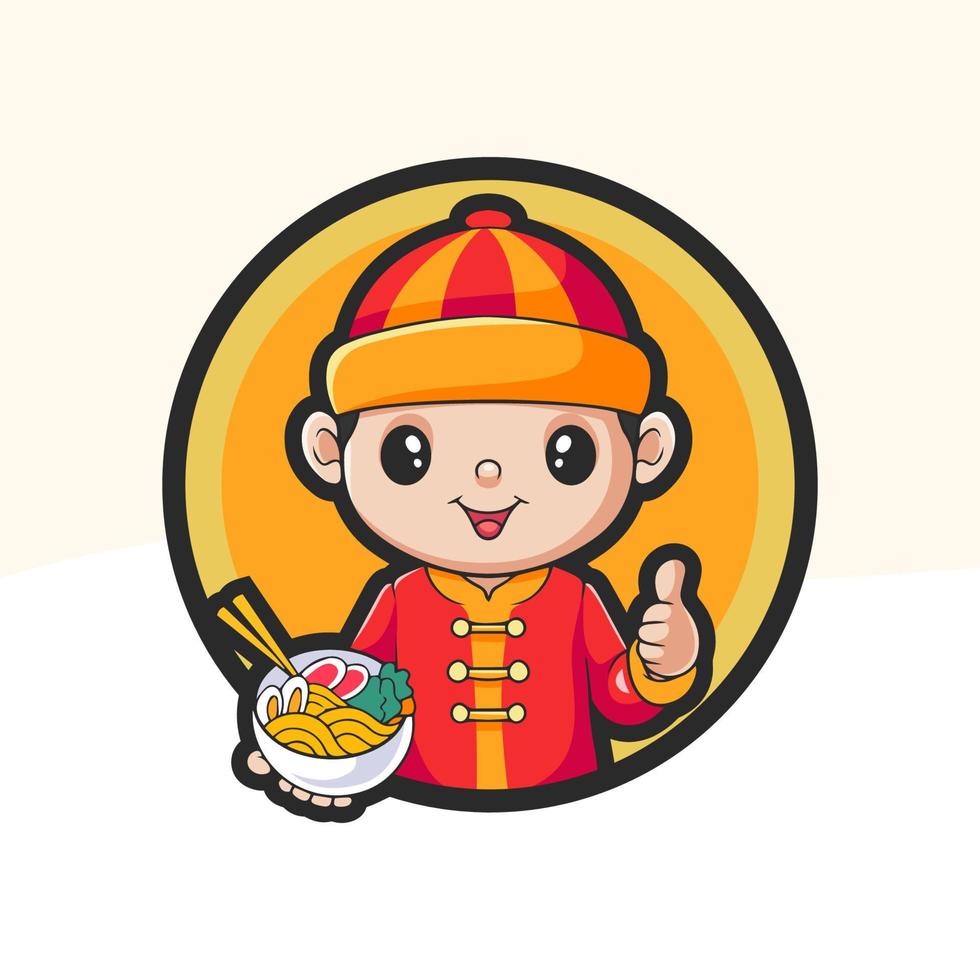 Little boy mascot cartoon wearing chinese new year clothes holding a noodles vector