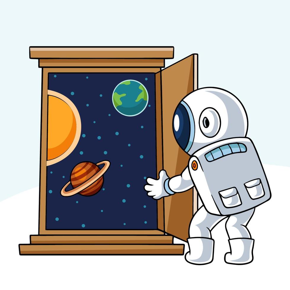 pequeña caricatura de astronauta está abriendo la puerta al espacio exterior vector