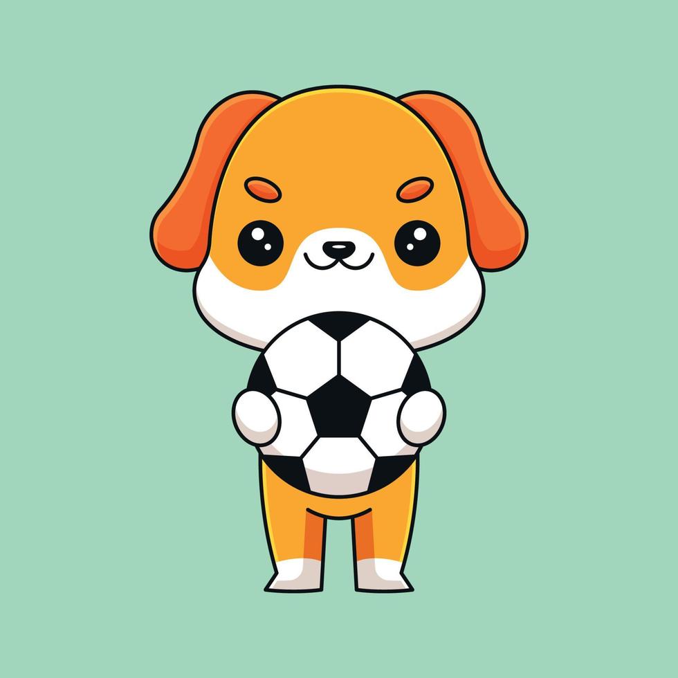 lindo perro sosteniendo una pelota de fútbol mascota de dibujos animados doodle arte dibujado a mano concepto vector kawaii icono ilustración