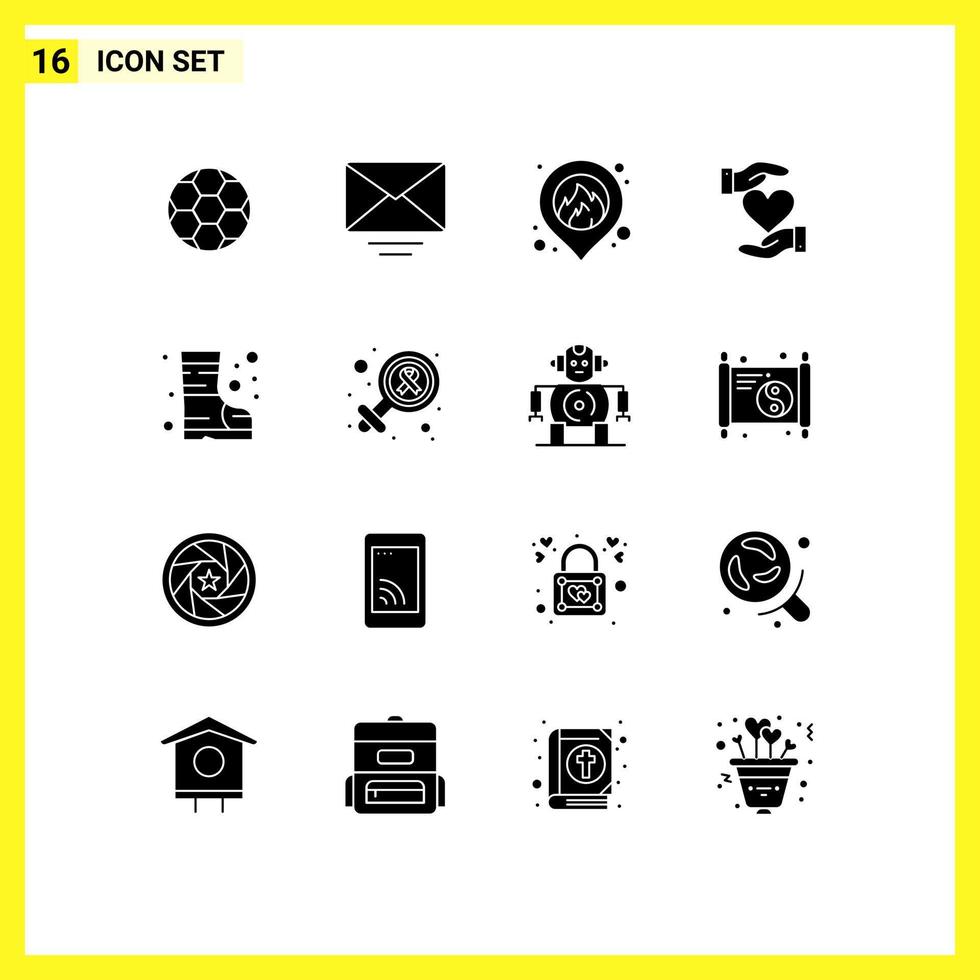 Group of 16 Modern Solid Glyphs Set for safety boots location love hand Editable Vector Design Elements